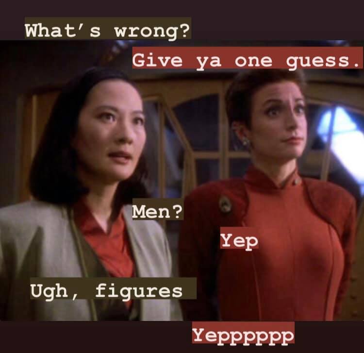 This meme is a still image from the TV show "Star Trek: The Next Generation" featuring a scene where two characters, Deanna Troi and Beverly Crusher, are looking confused. The text overlayed on the image reads "In 2-3 sentences, describe this meme for someone who cannot see it. Include any text that appears in the image." which is a self-referential joke, poking fun at the idea of describing a meme that is visually driven.